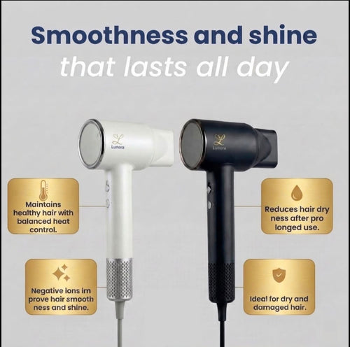 Two hair dryers shown side by side on a light gray background with promotional text and feature callouts. The left dryer is white with a silver neck and the right dryer is black with a gold logo.